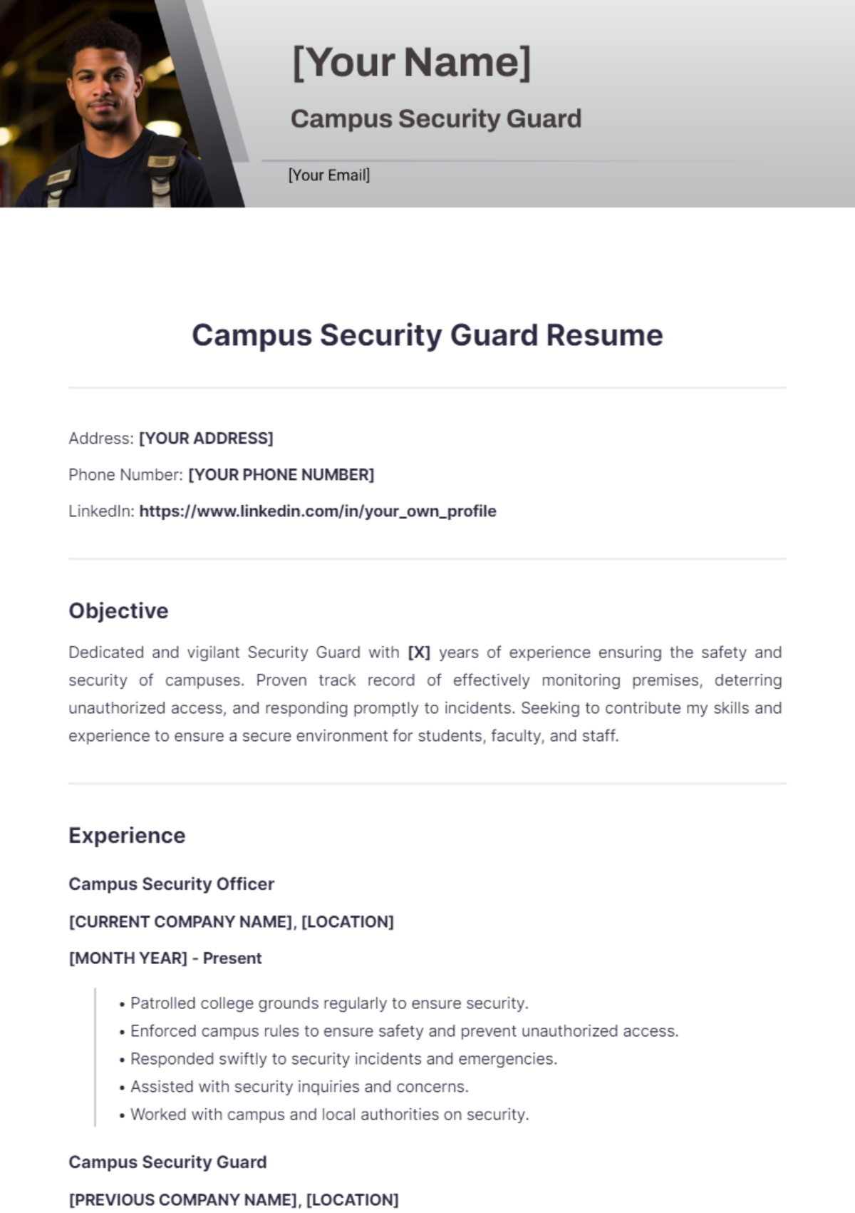 Campus Security Guard Resume - Edit Online & Download