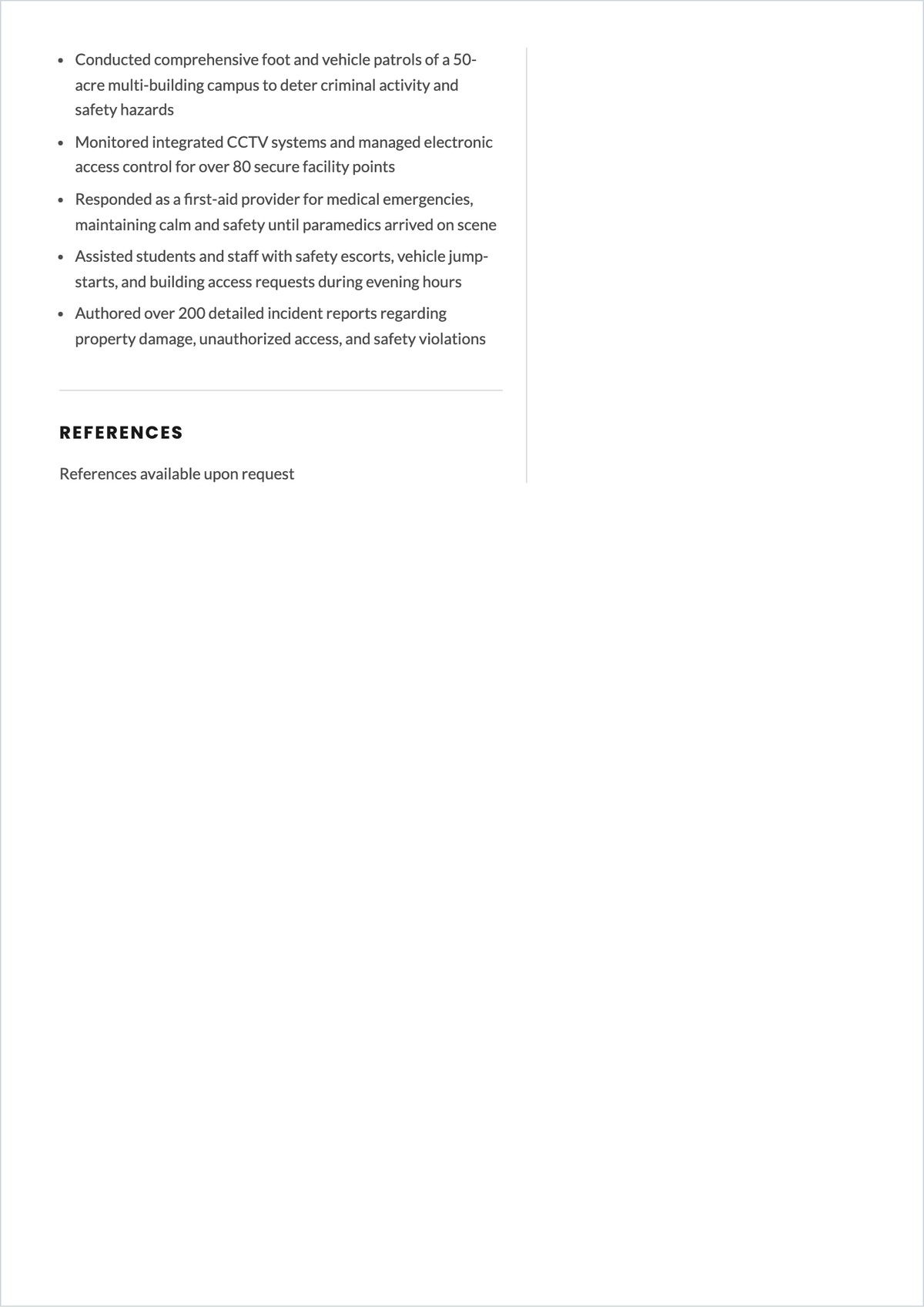 Free Campus Security Guard ATS Resume Template, AI Resume Builder