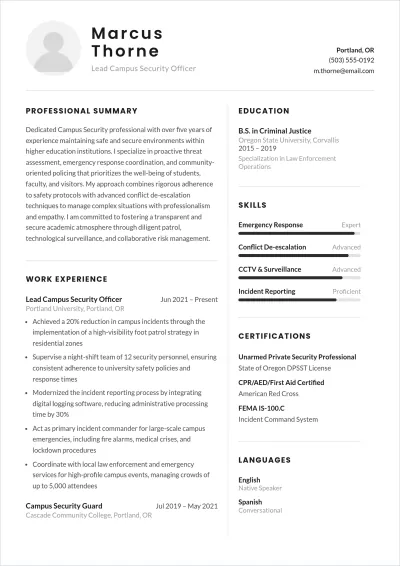 Free Campus Security Guard ATS Resume Template, AI Resume Builder