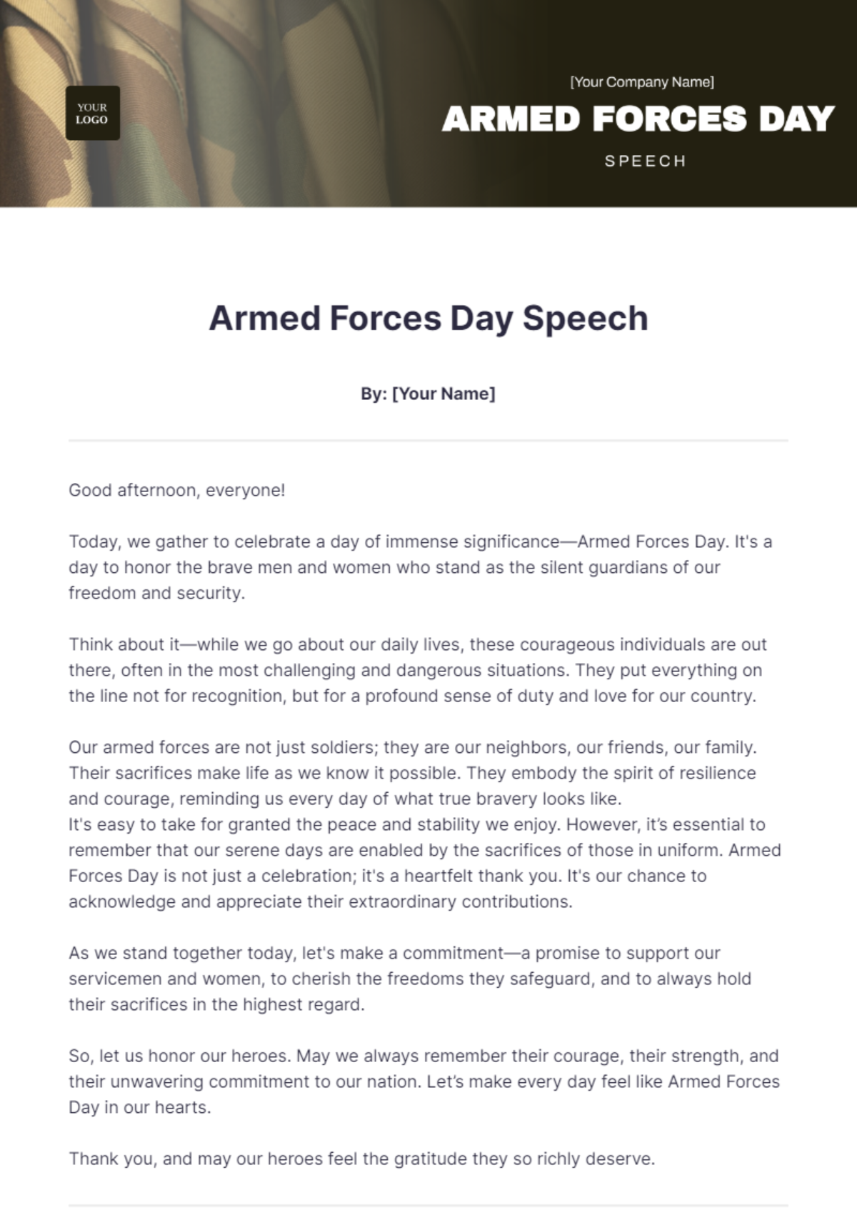 Armed Forces Day Speech Template - Edit Online & Download