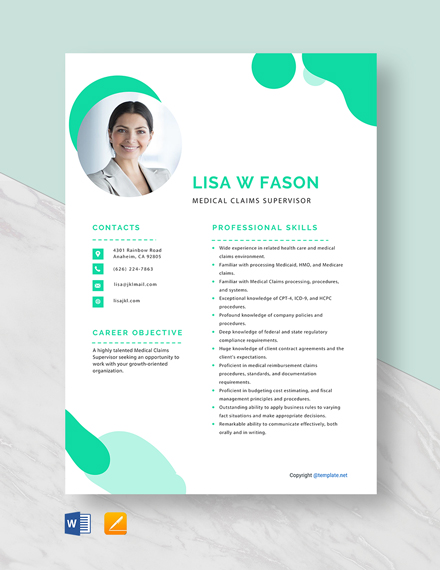 Medical Claims Supervisor Resume Template - Word, Apple Pages