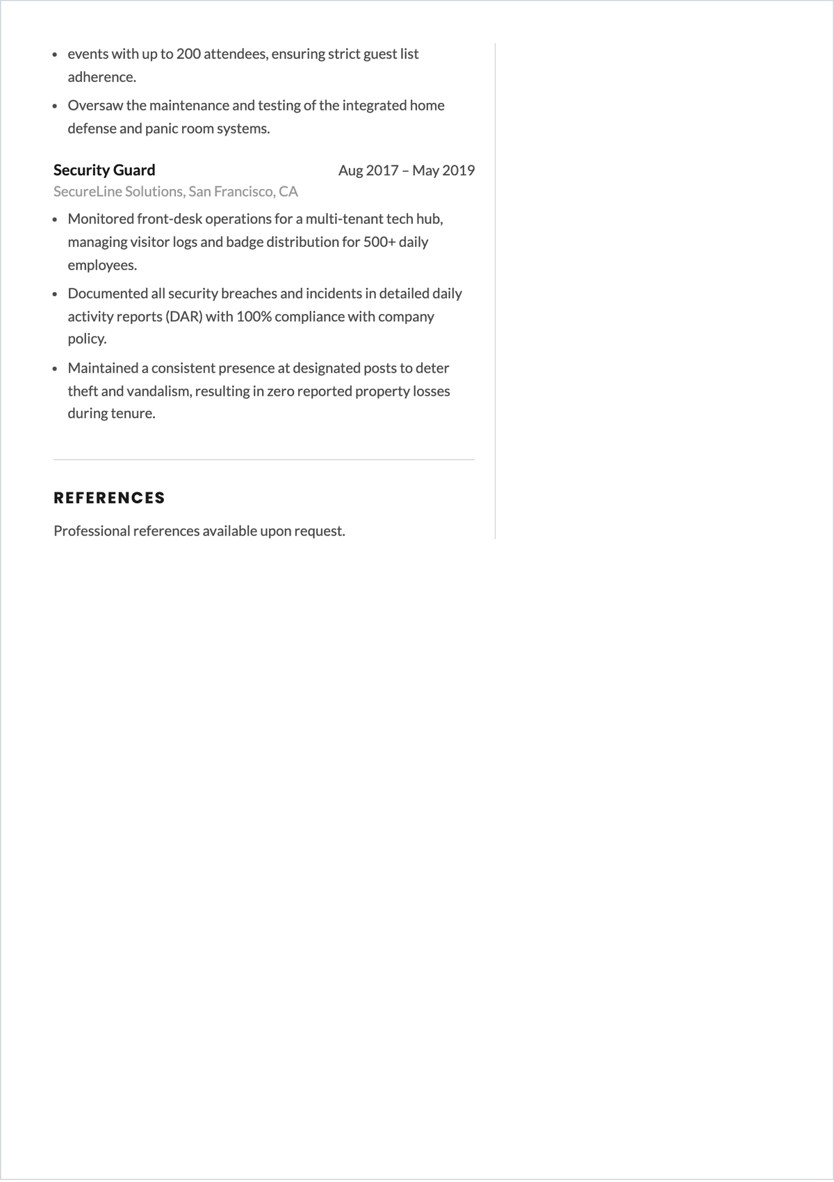 Free Private Security Guard ATS Resume Template, AI Resume Builder