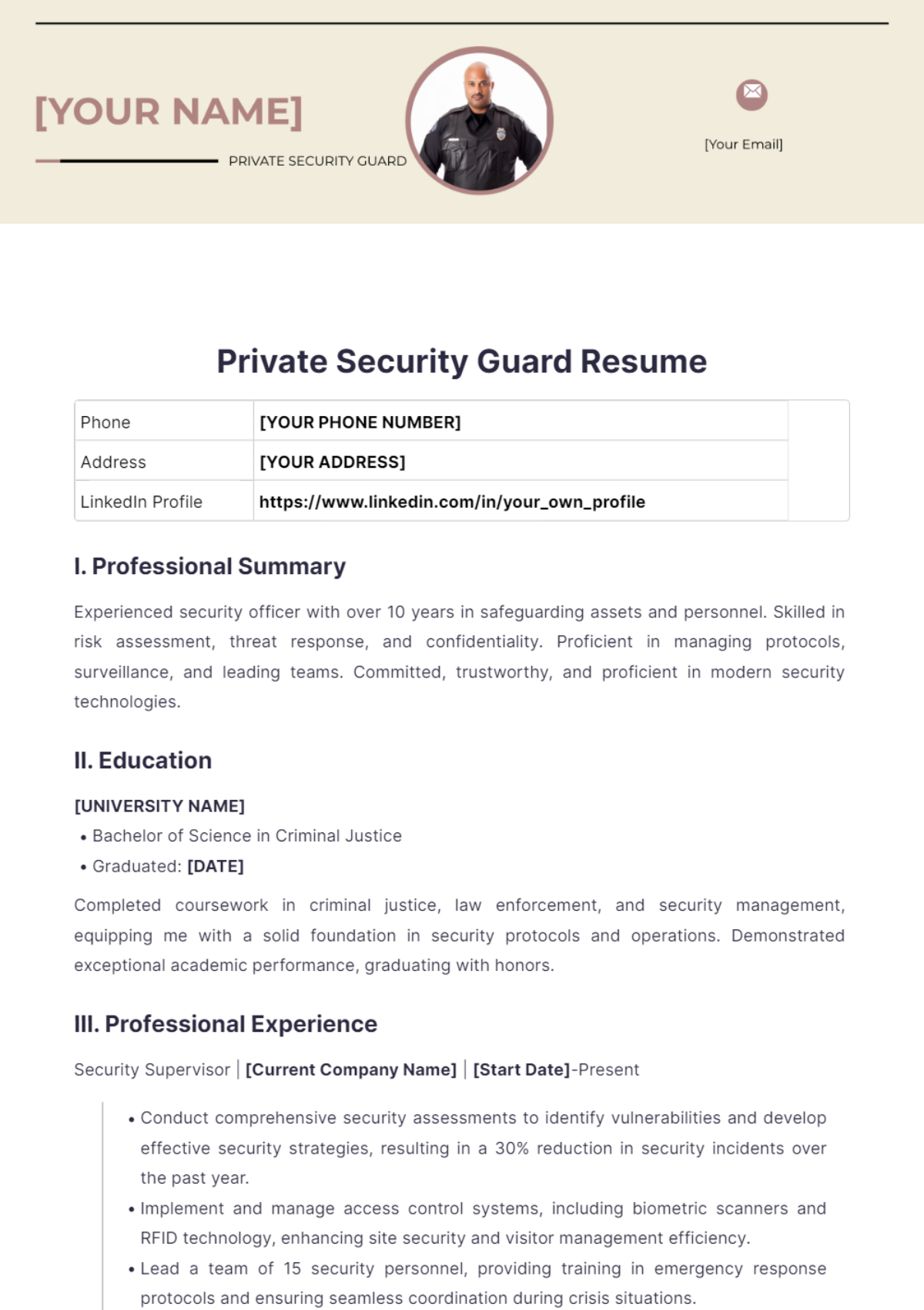 Private Security Guard Resume - Edit Online & Download