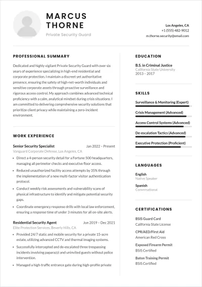 Free Private Security Guard ATS Resume Template, AI Resume Builder