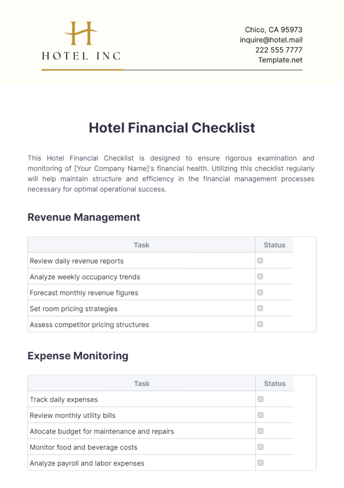 Hotel Financial Checklist Template - Edit Online & Download