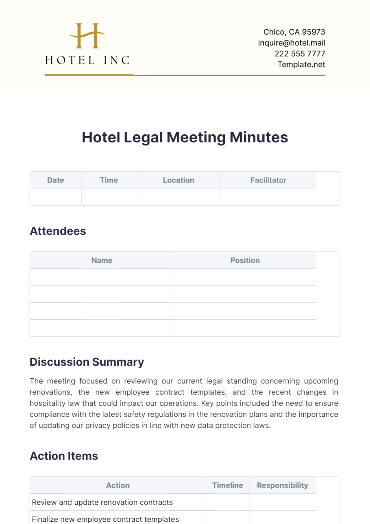 Hotel Legal Meeting Minutes Template - Edit Online & Download