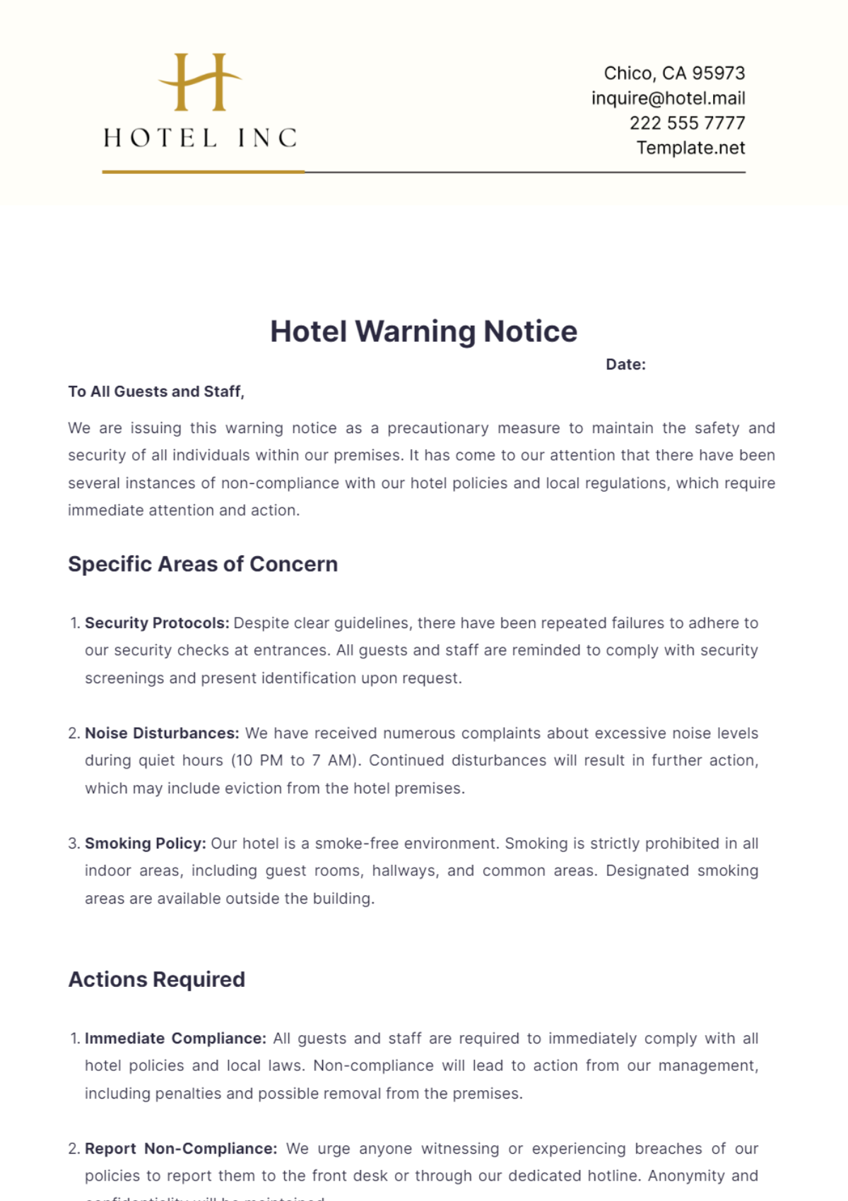 Hotel Warning Notice Template - Edit Online & Download