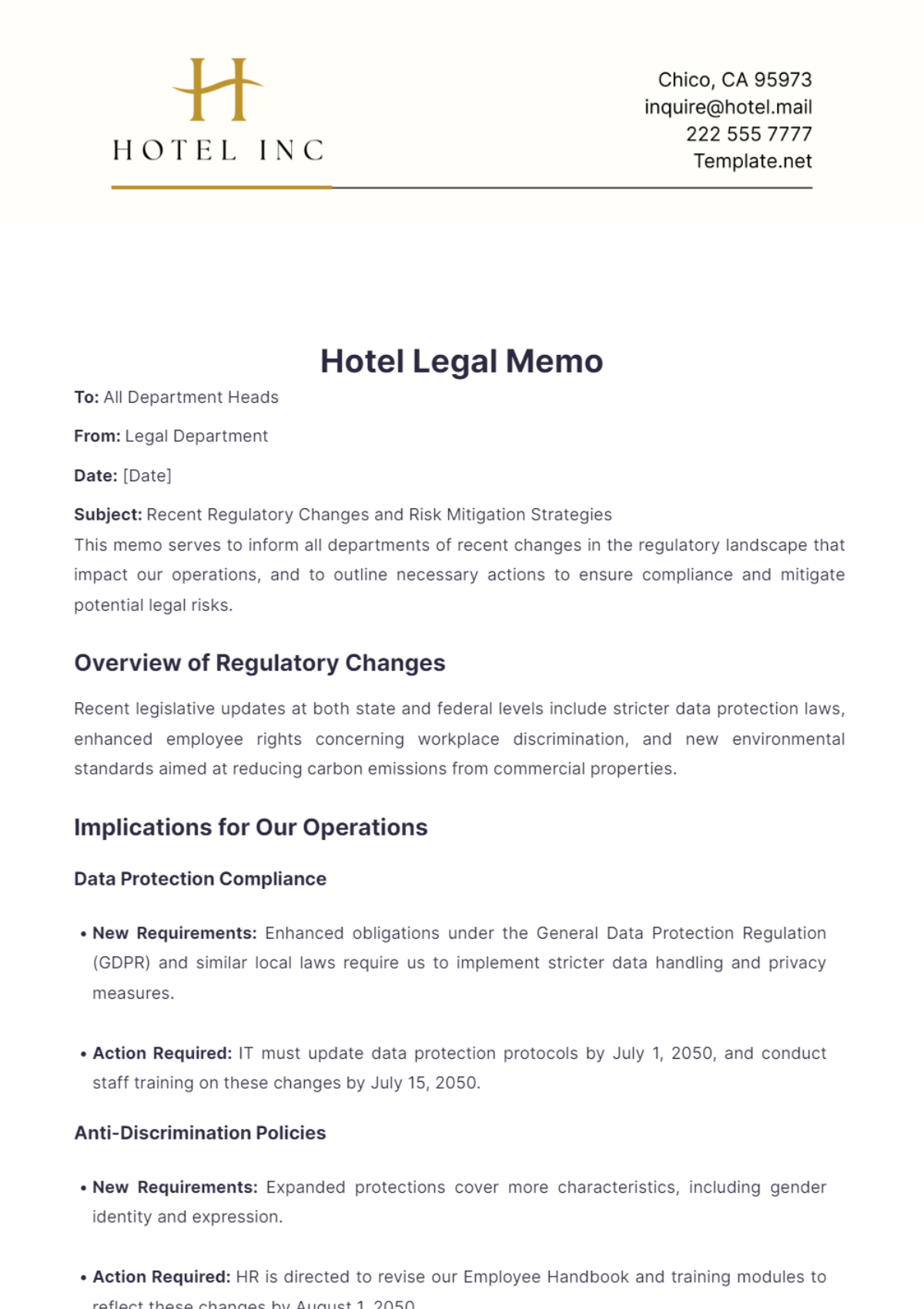 Hotel Legal Memo Template - Edit Online & Download