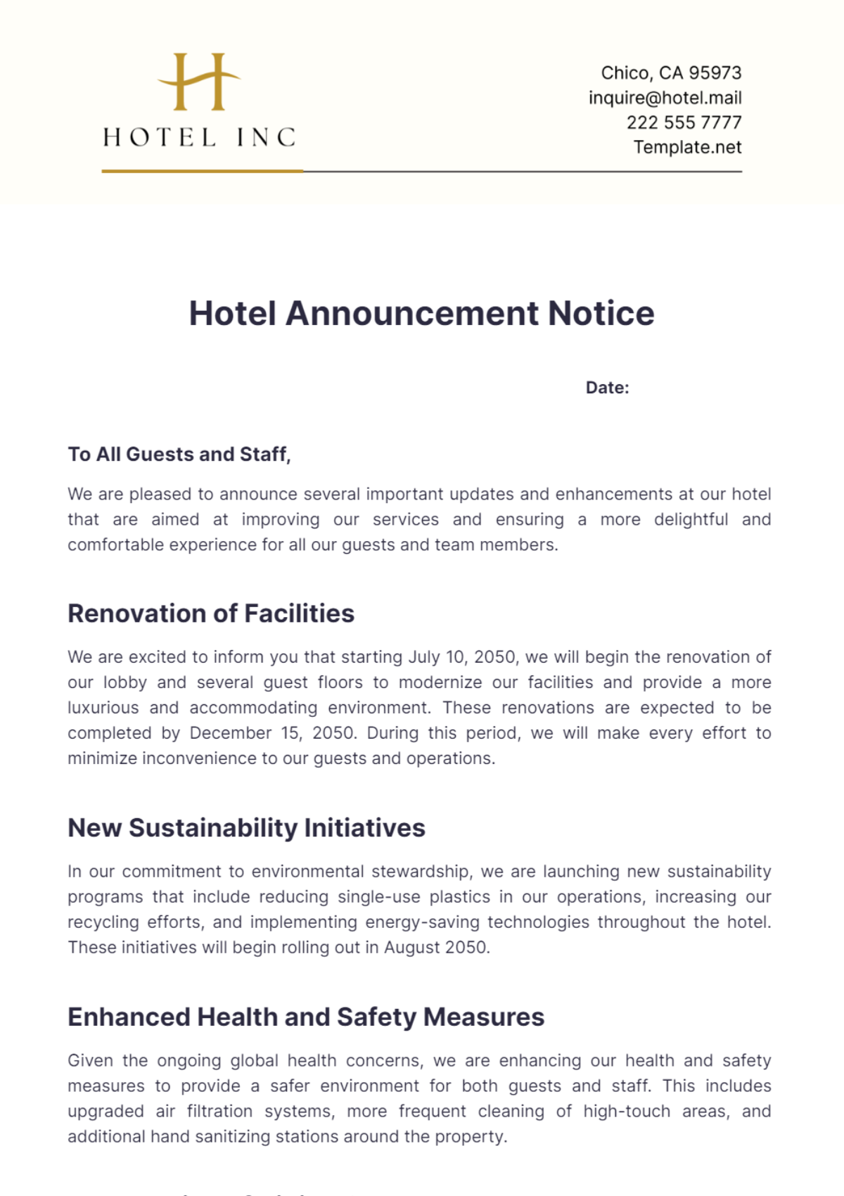 Hotel Announcement Notice Template - Edit Online & Download