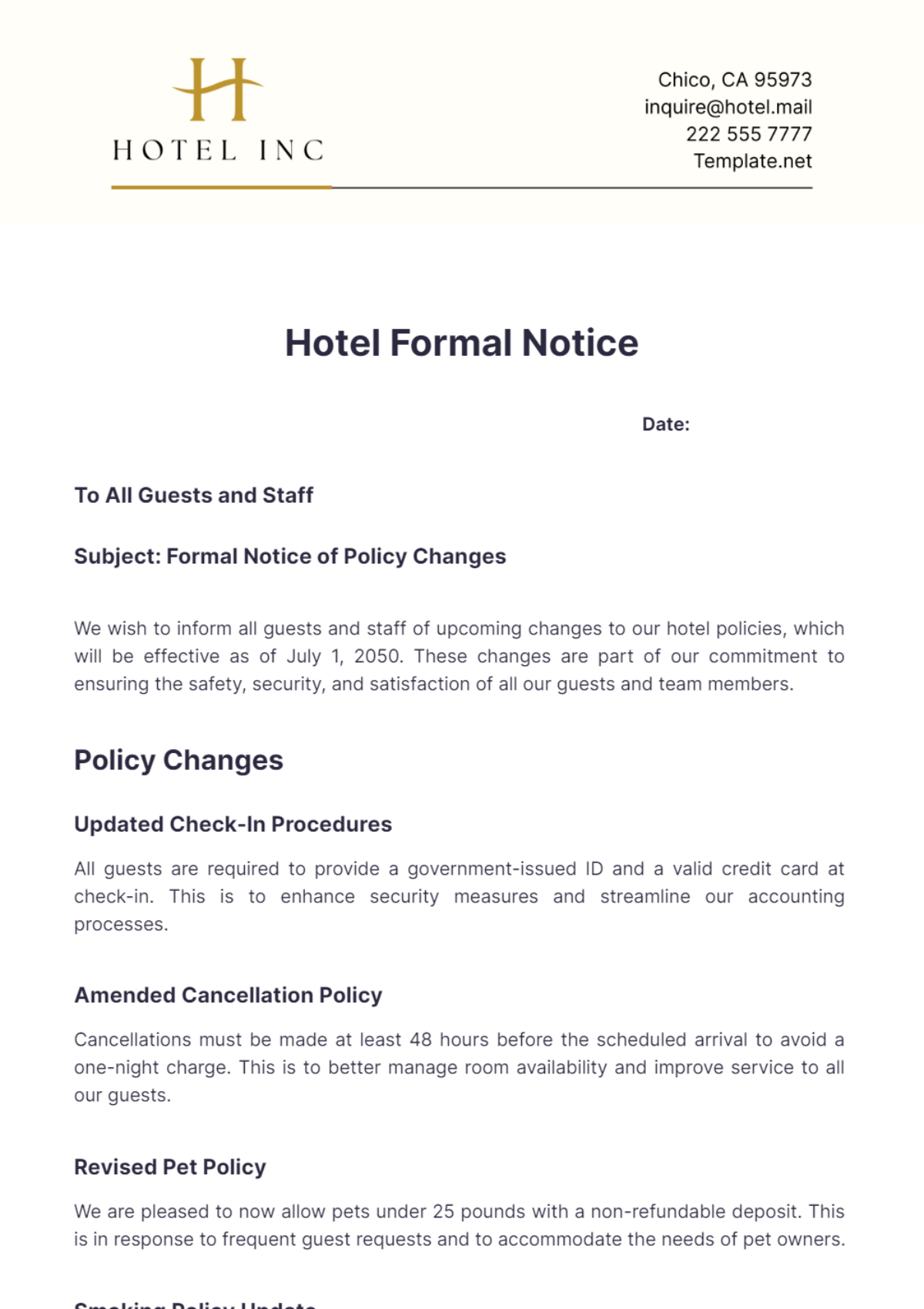 Hotel Formal Notice Template - Edit Online & Download