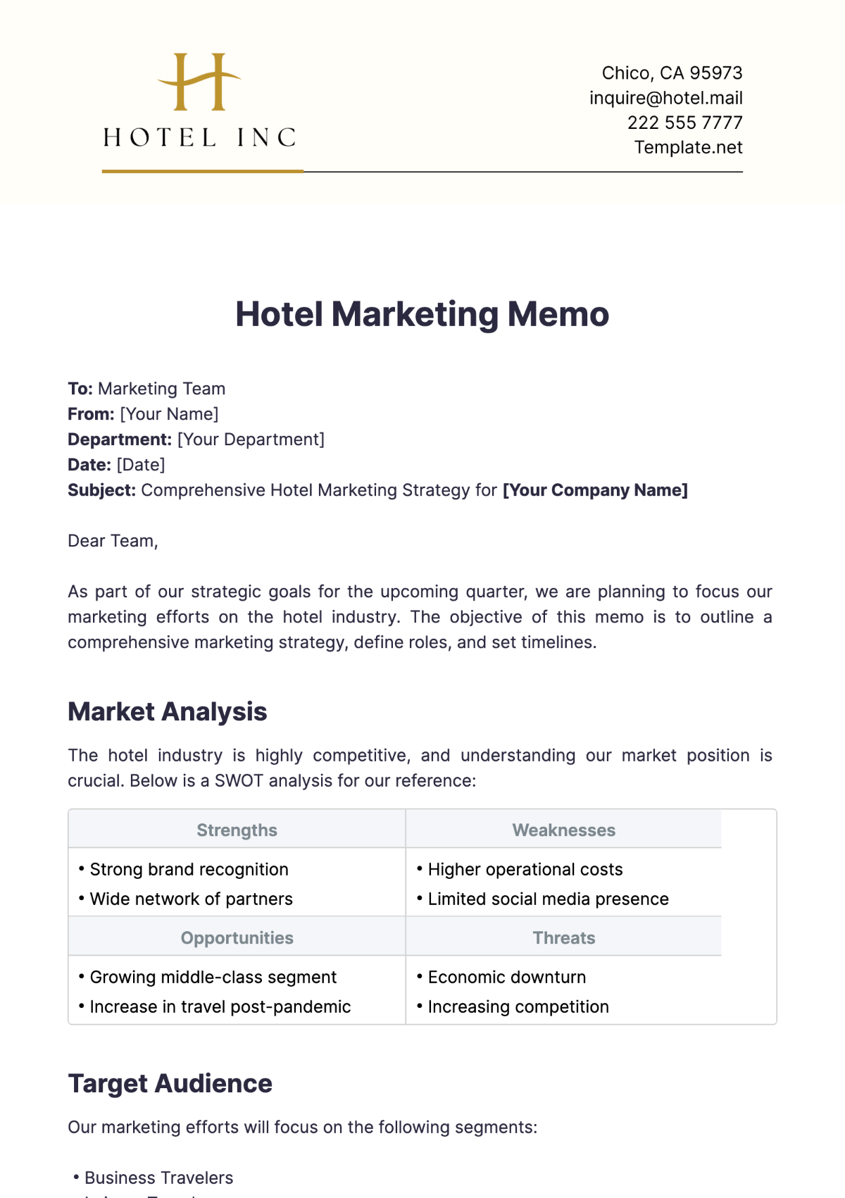 Hotel Marketing Memo Template - Edit Online & Download