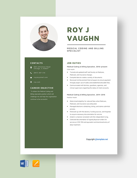 Medical Coding and Billing Specialist Resume Template - Word, Apple Pages