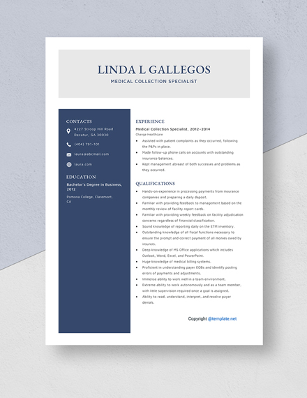 Medical Collection Specialist Resume Template