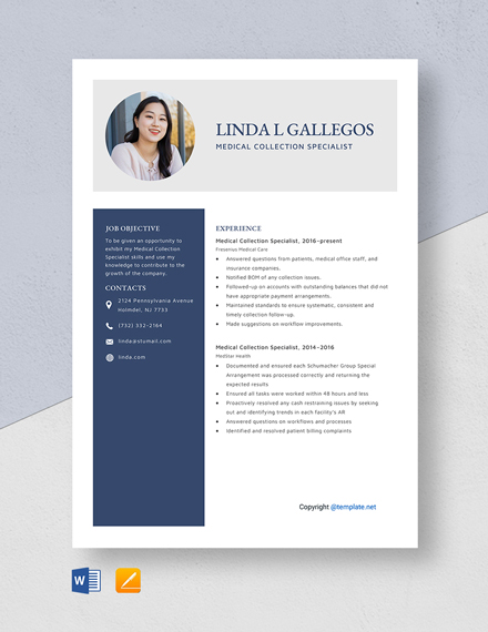 Medical Collection Specialist Resume Template - Word, Apple Pages