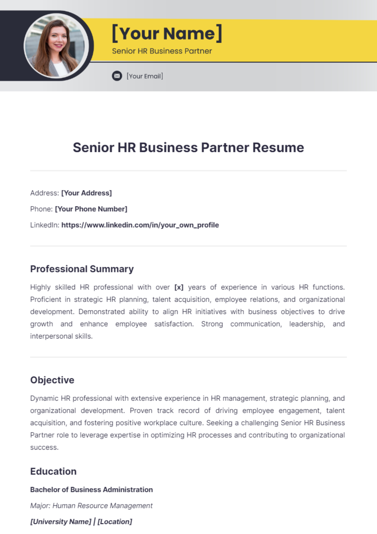 Senior HR Business Partner Resume Templates - Edit Online & Download ...