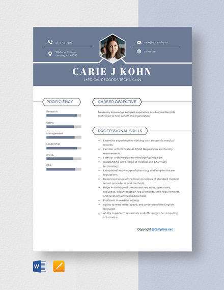 Medical Records Technician Resume Template - Word, Apple Pages