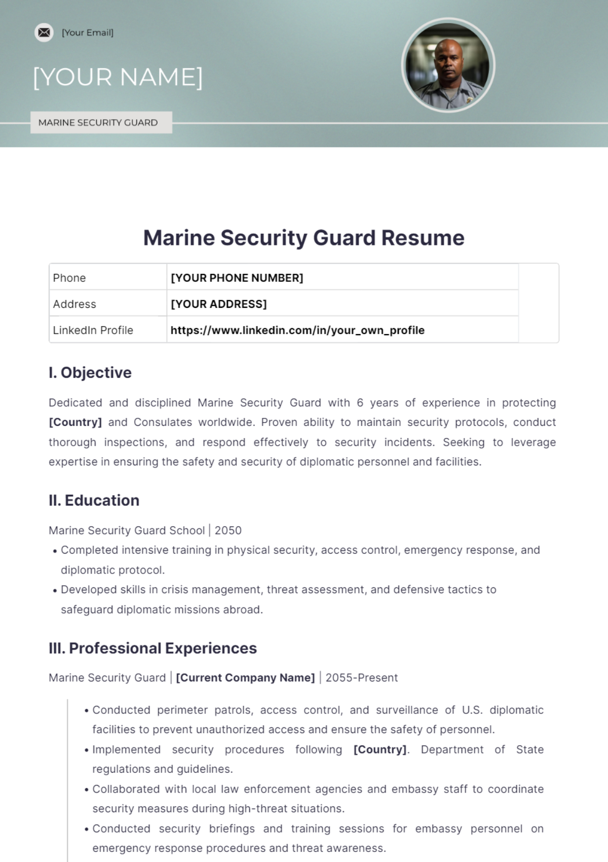 Marine Security Guard Resume - Edit Online & Download