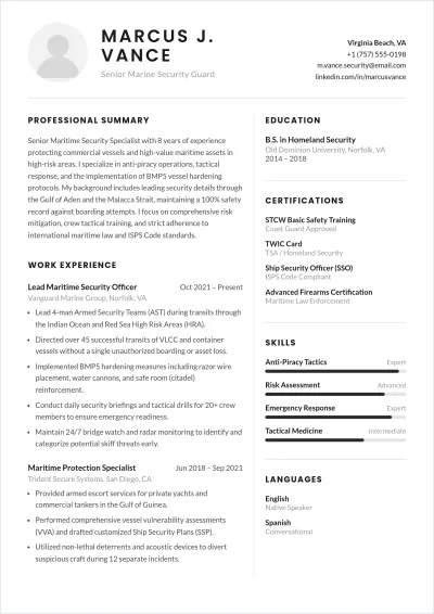 Free Marine Security Guard ATS Resume Template, AI Resume Builder
