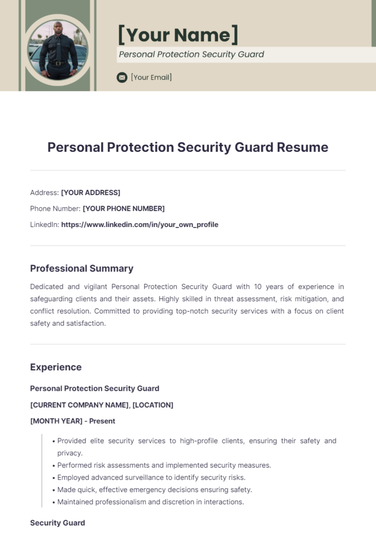 Personal Protection Security Guard Resume - Edit Online & Download