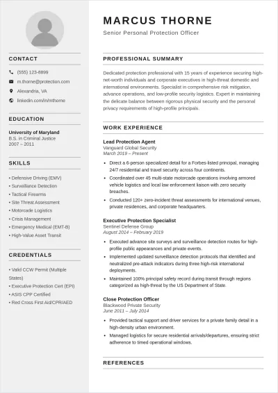 Free Personal Protection Security Guard ATS Resume Template