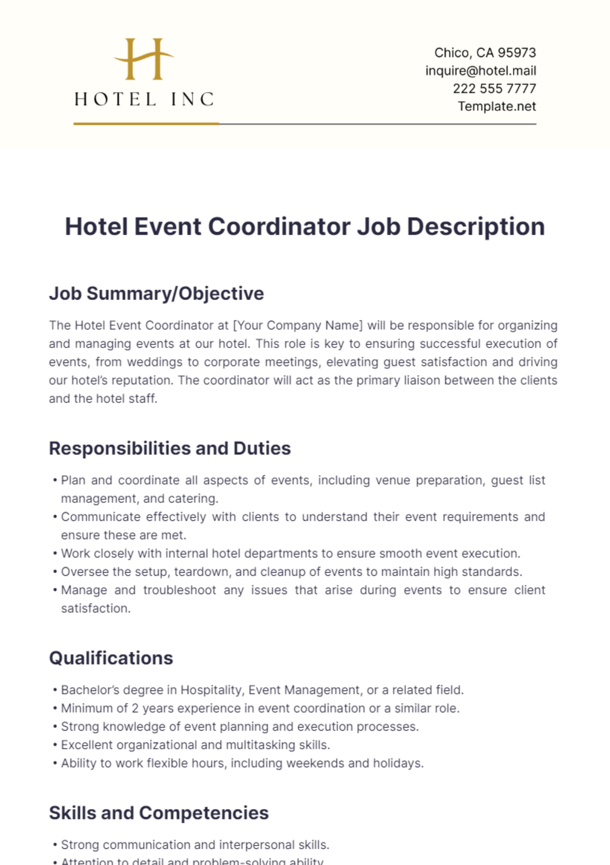 Hotel Event Coordinator Job Description Template - Edit Online & Download