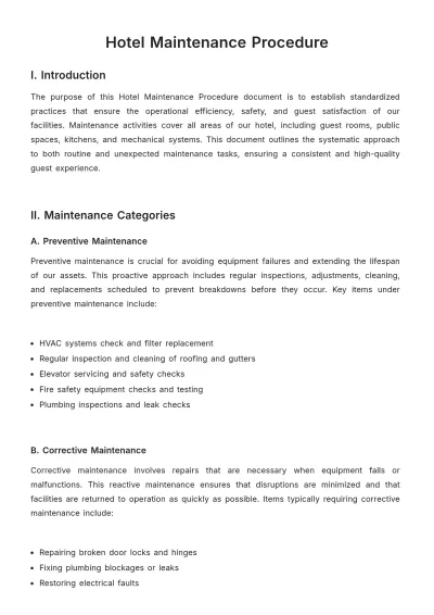 Free Hotel Maintenance Procedure Template to Edit Online