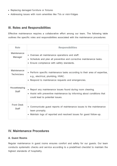 Free Hotel Maintenance Procedure Template to Edit Online