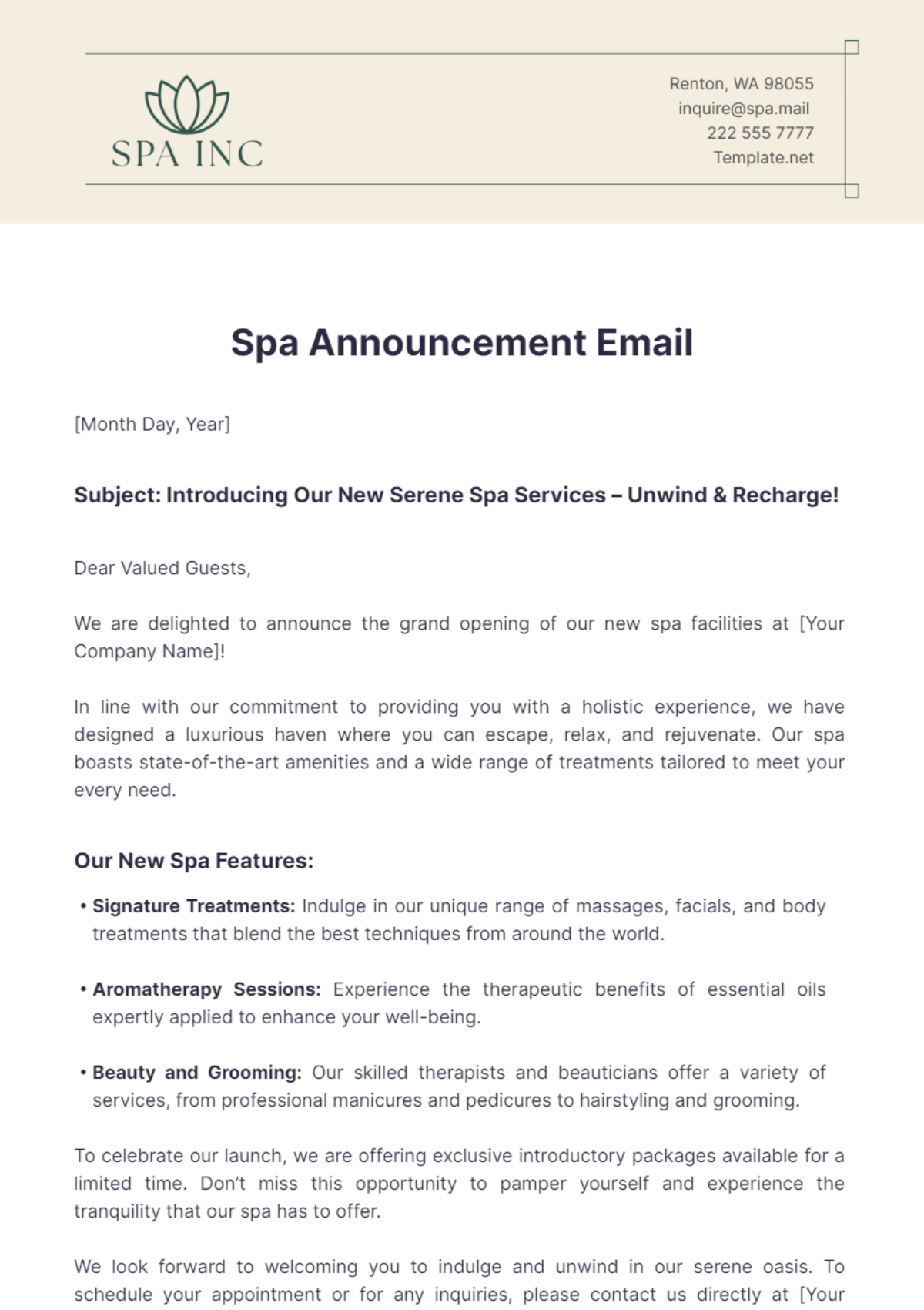 Spa Announcement Email Template - Edit Online & Download