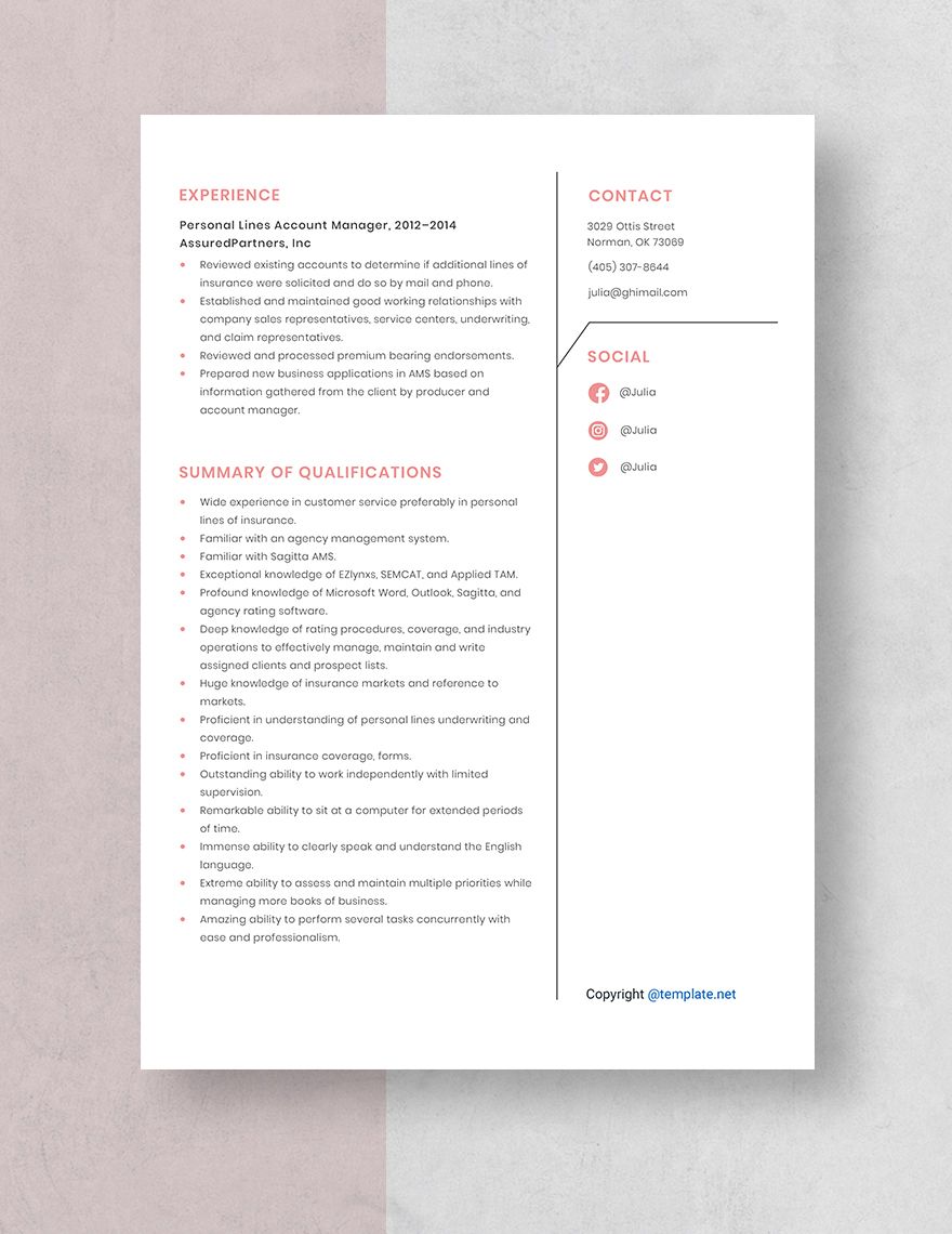 Personal Lines Account Manager Resume Template