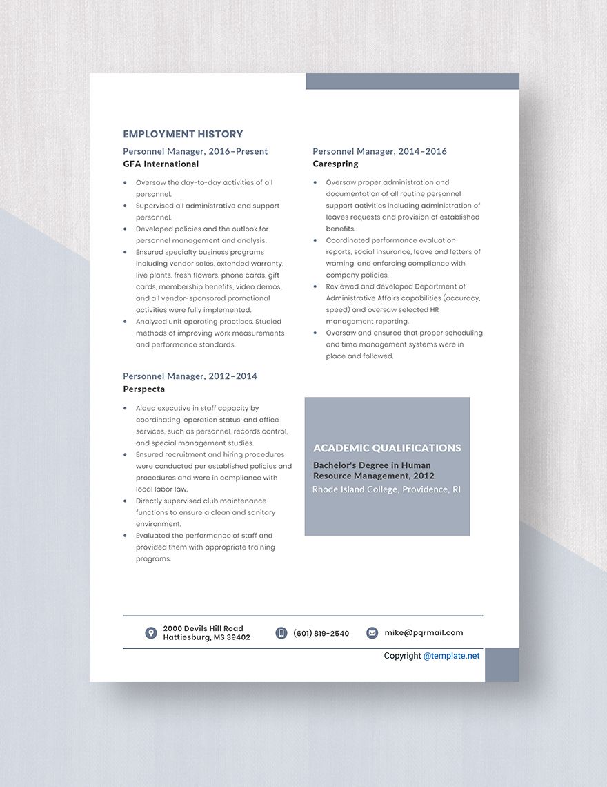 Free Free Personnel Manager Resume Template - Word, Apple Pages ...