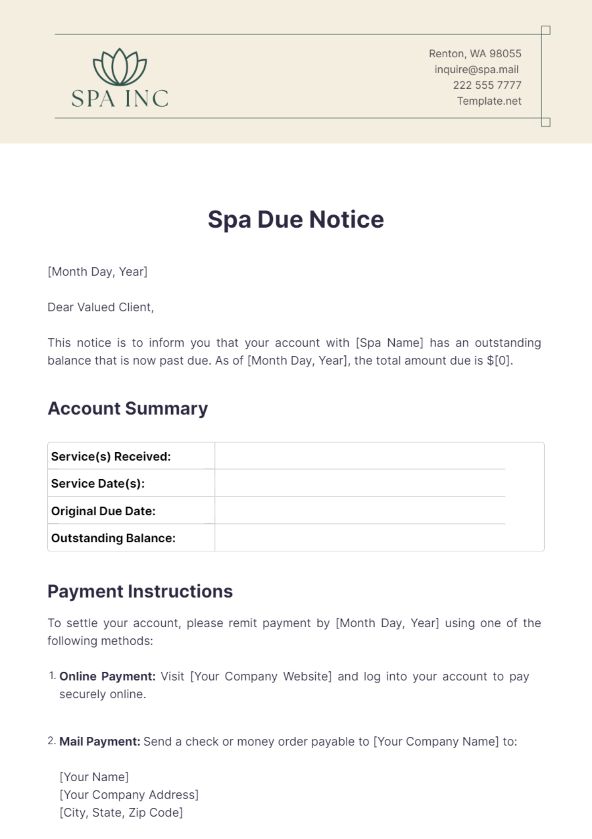 Spa Due Notice Template - Edit Online & Download