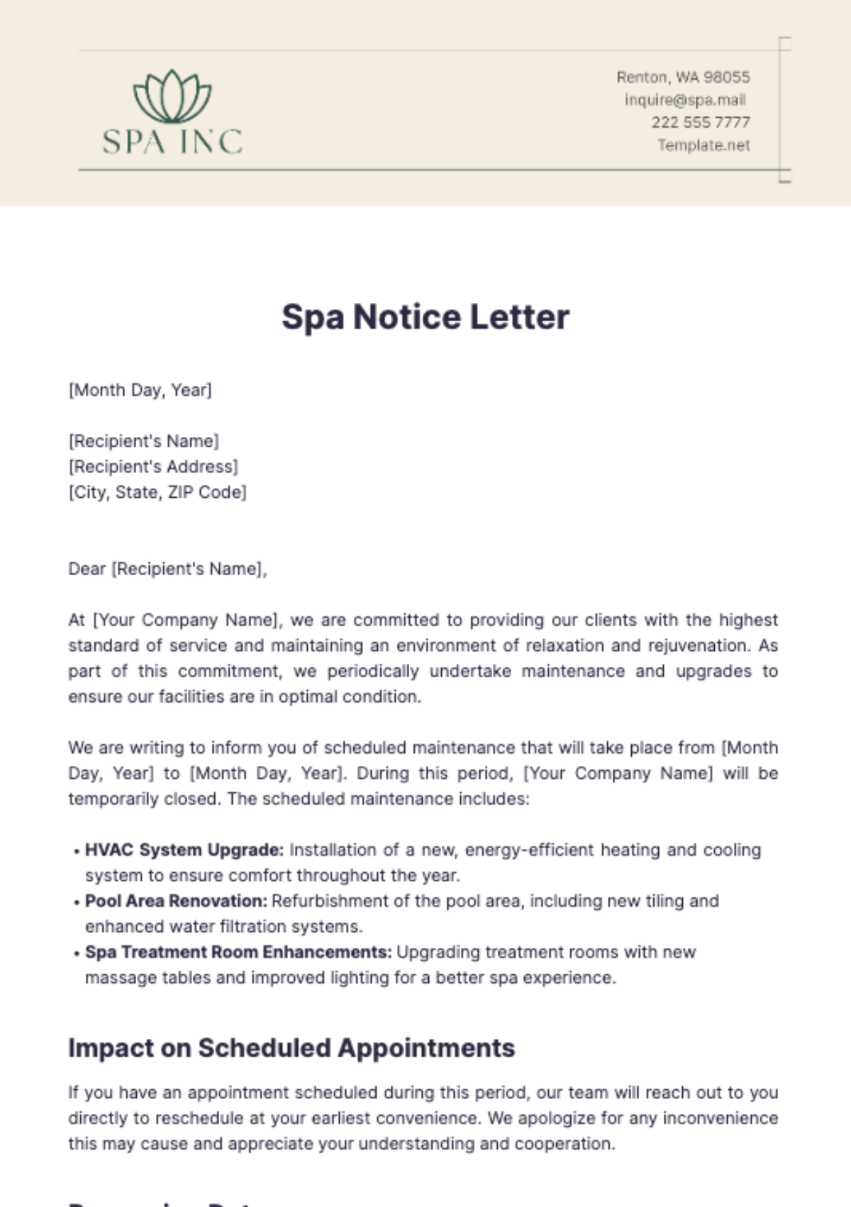 Spa Notice Letter Template - Edit Online & Download