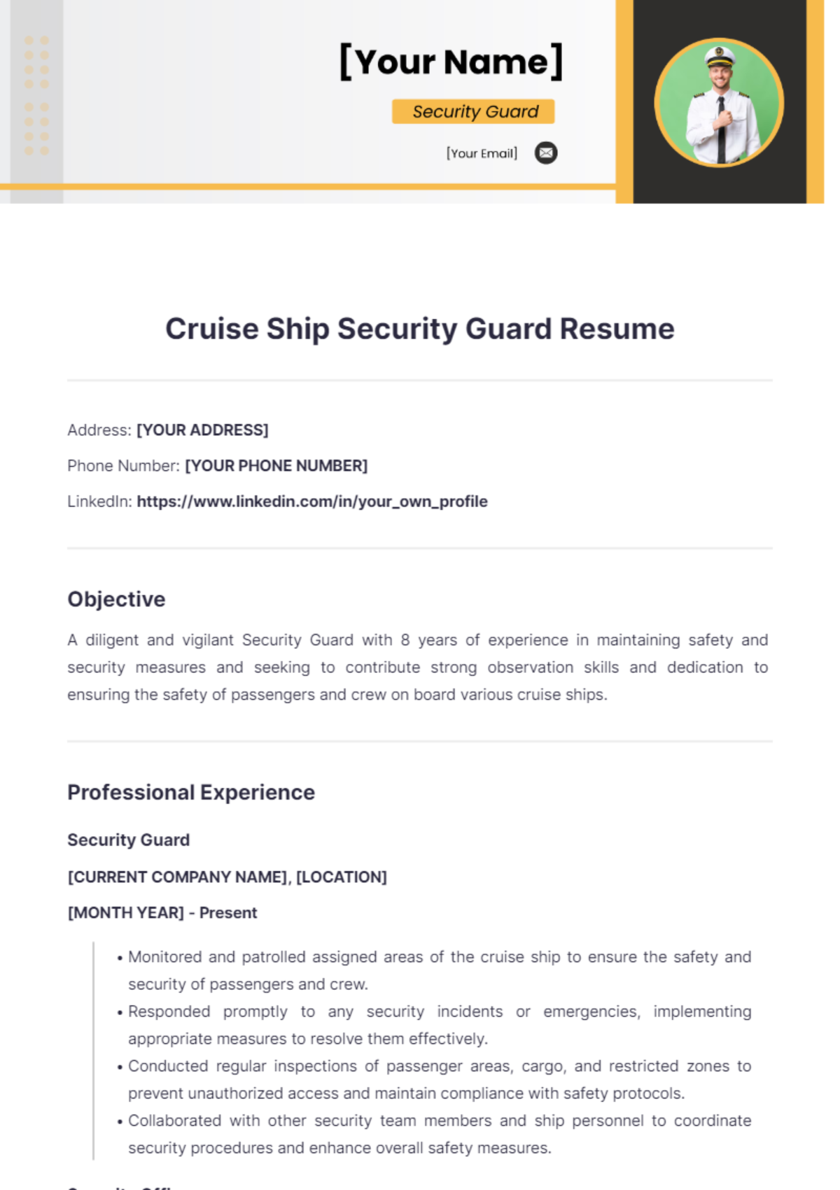 Cruise Ship Security Guard Resume - Edit Online & Download