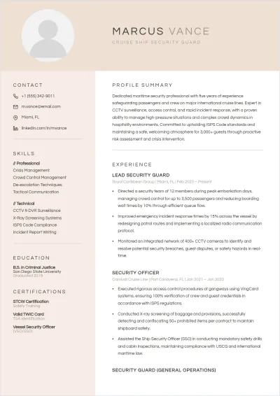 Free Cruise Ship Security Guard ATS Resume Template, AI Resume Builder