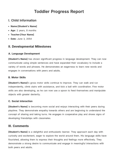 Free Toddler Progress Report Template to Edit Online