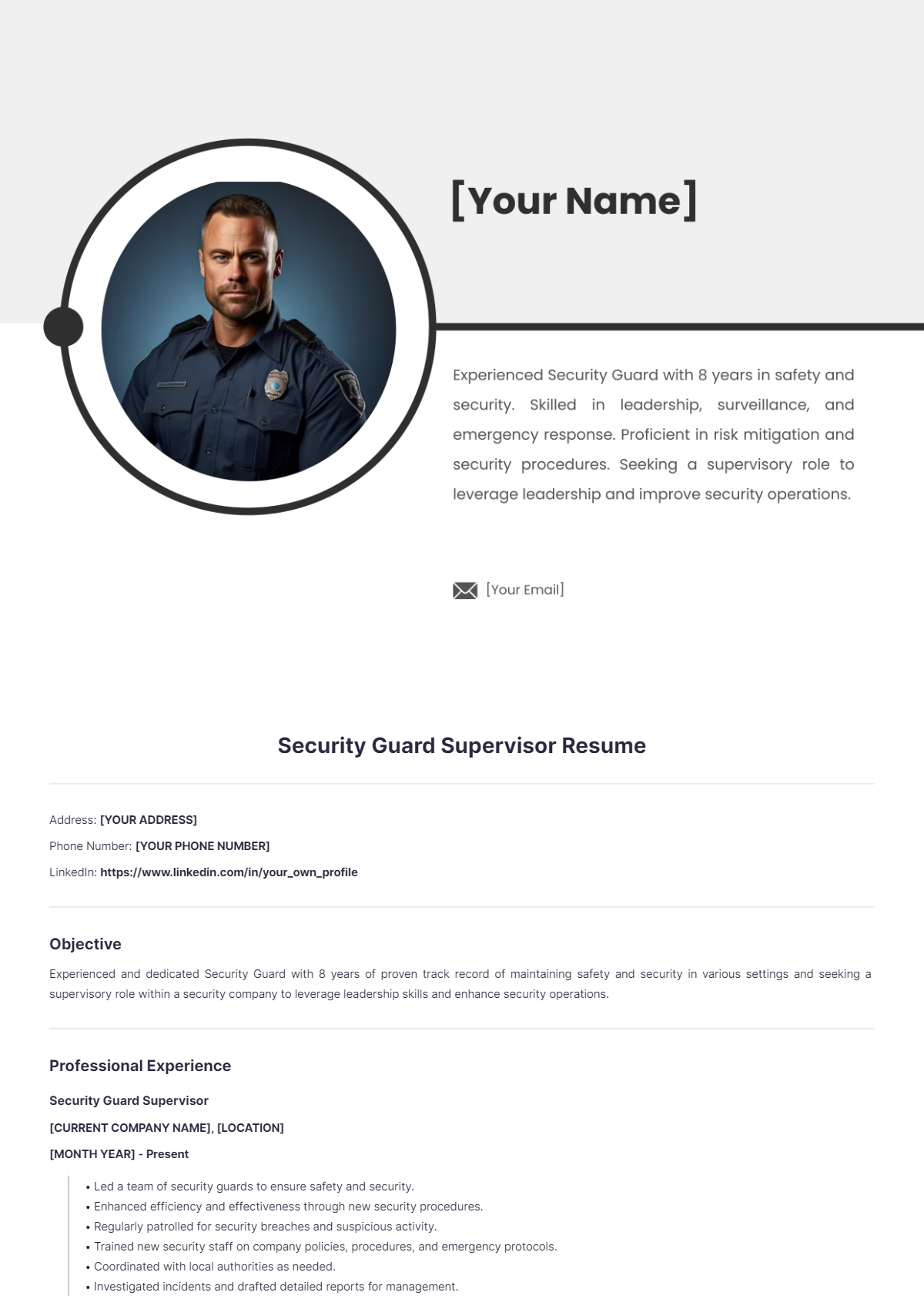 Security Guard Supervisor Resume - Edit Online & Download