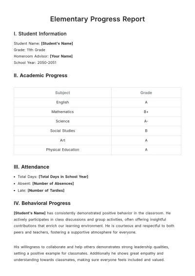 Free Elementary Progress Report Template to Edit Online