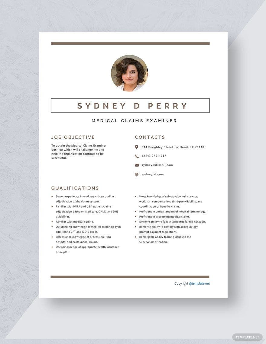 Free Medical Claims Examiner Resume in Word, Apple Pages