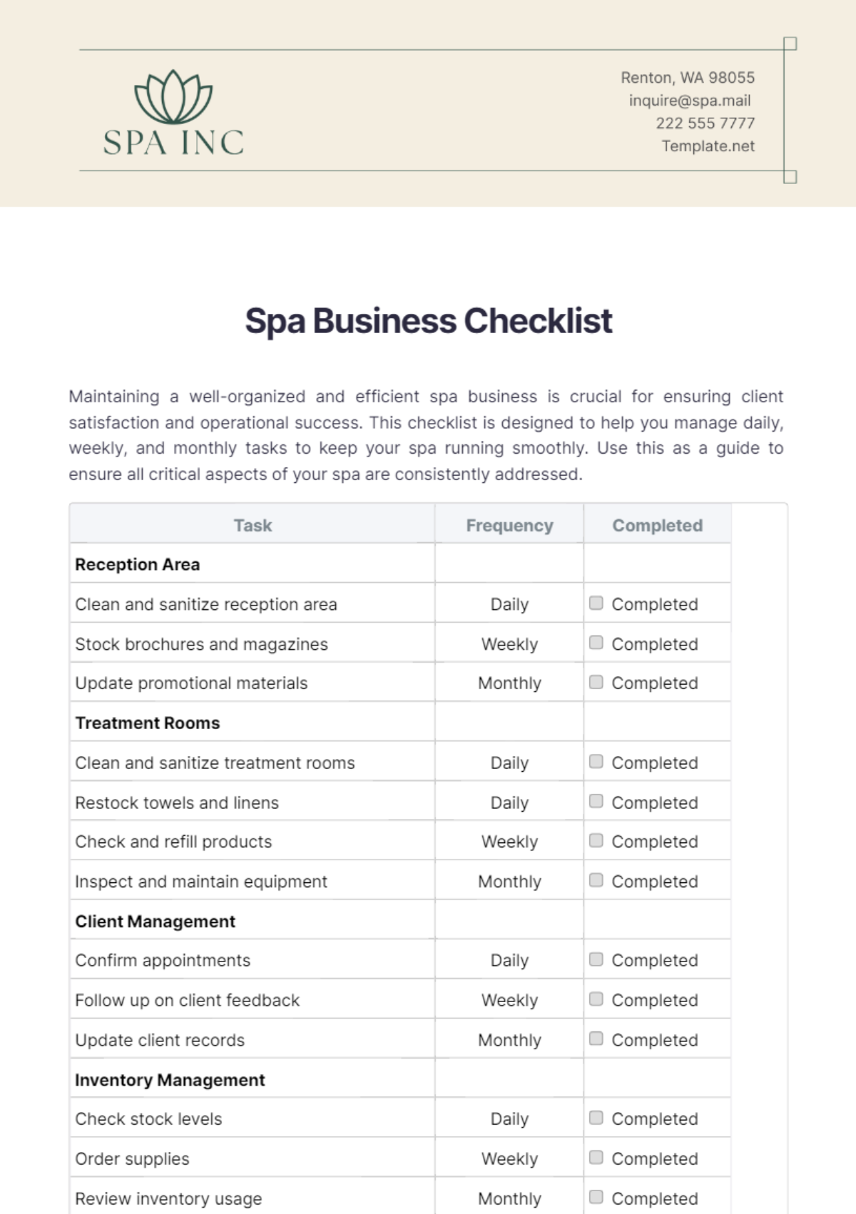 Spa Business Checklist Template - Edit Online & Download