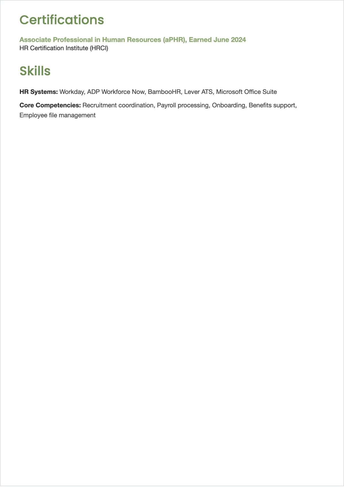 Free Entry Level HR Assistant ATS Resume Template, AI Resume Builder