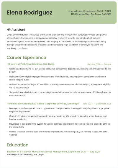 Free Entry Level HR Assistant ATS Resume Template, AI Resume Builder