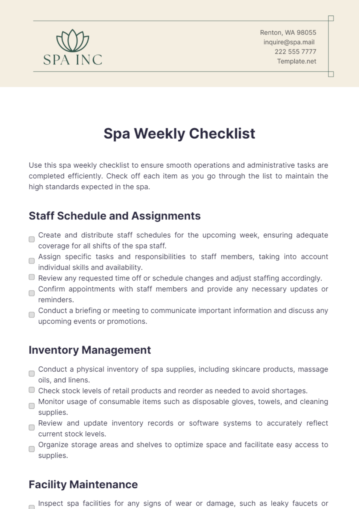 Spa Weekly Checklist Template - Edit Online & Download