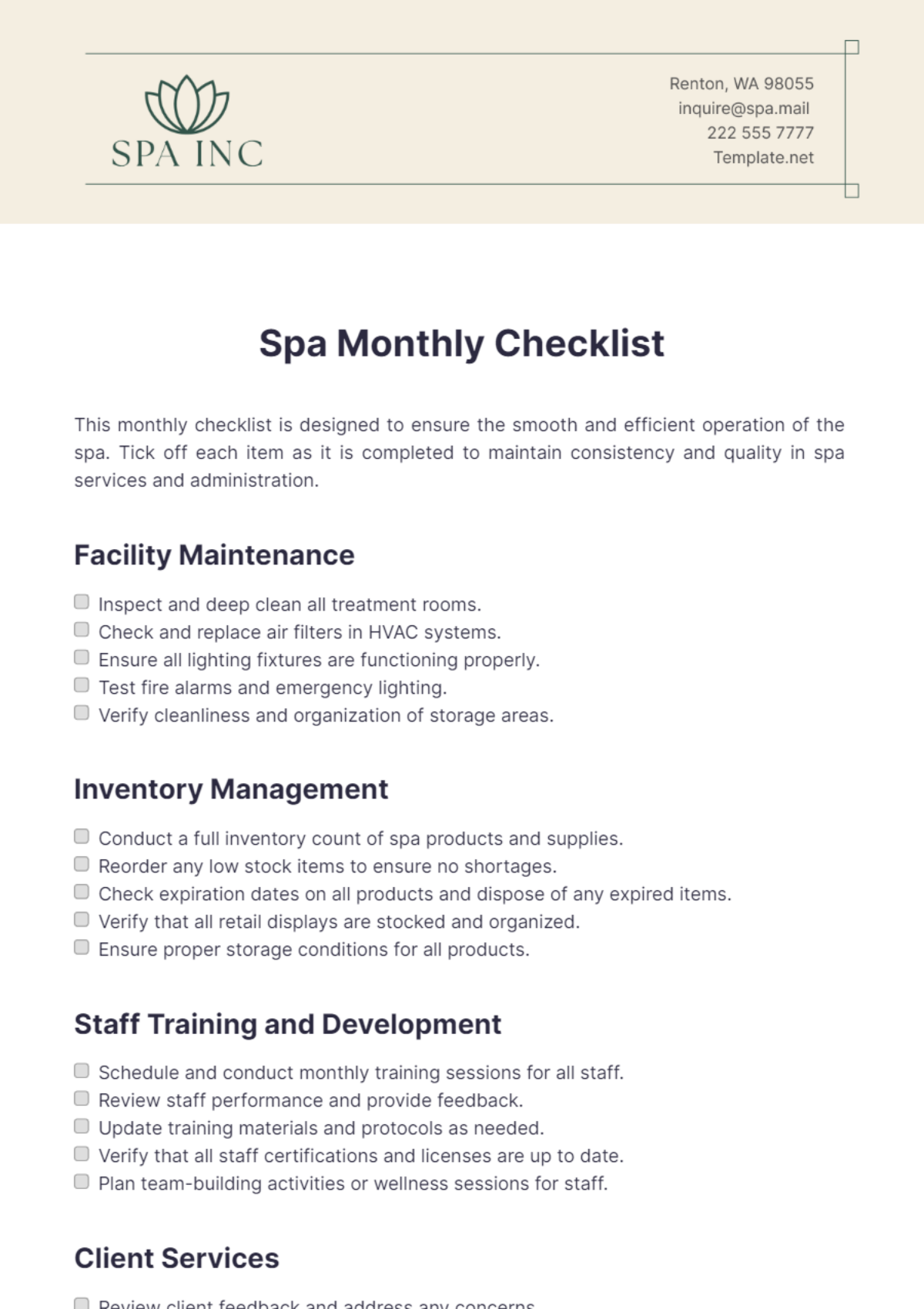 Spa Monthly Checklist Template - Edit Online & Download