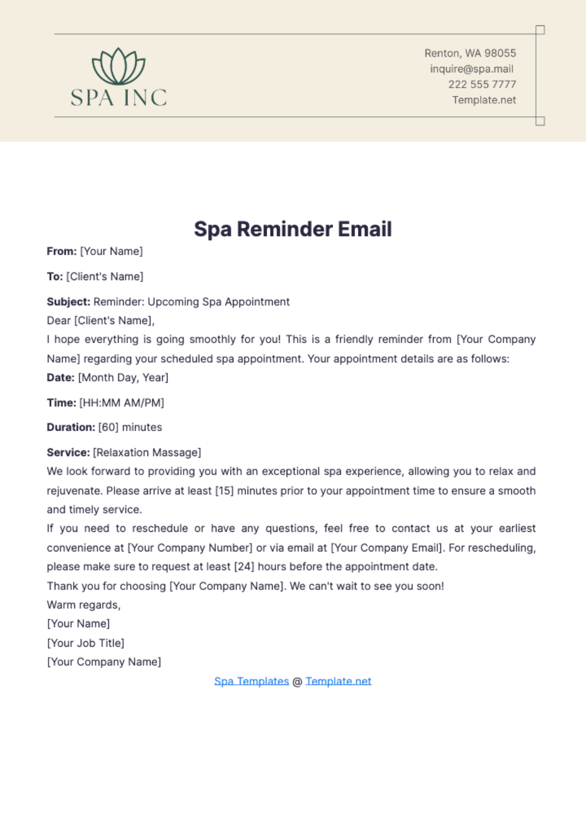 Spa Reminder Email Template - Edit Online & Download