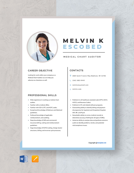 Medical Chart Auditor Resume Template - Word, Apple Pages