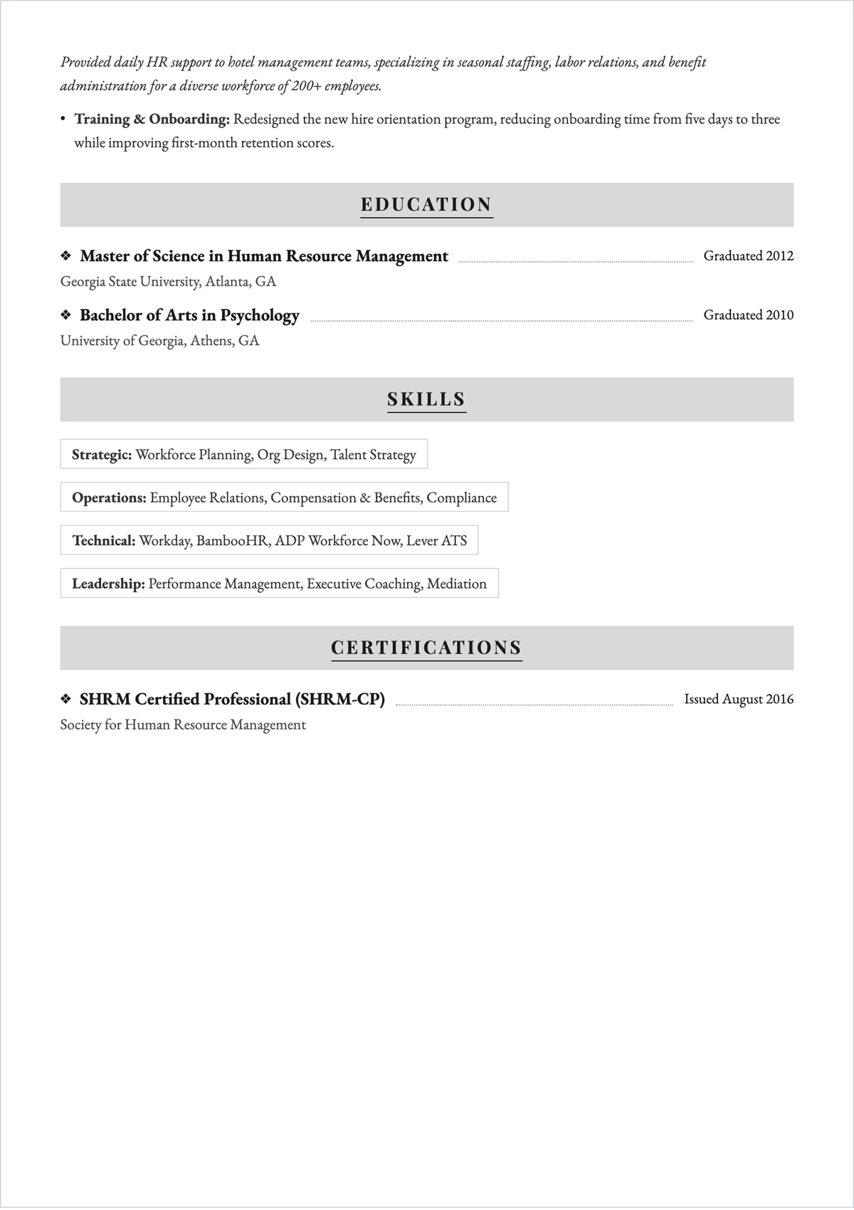 Free Chronological HR ATS Resume Template, AI Resume Builder