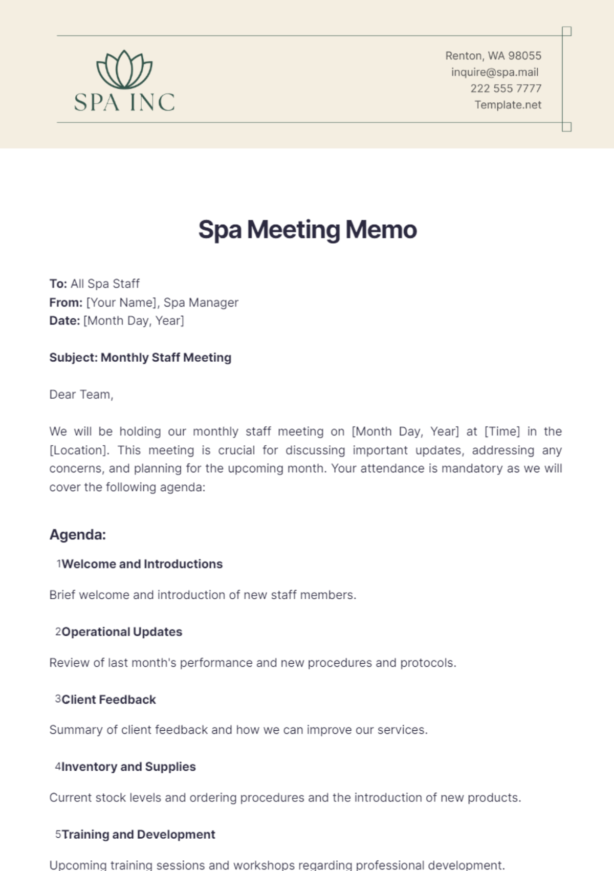 Spa Meeting Memo Template - Edit Online & Download