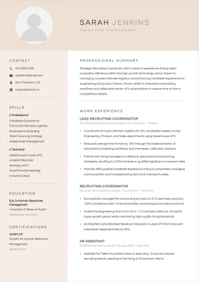 Free HR Recruiting Coordinator ATS Resume Template, AI Resume Builder