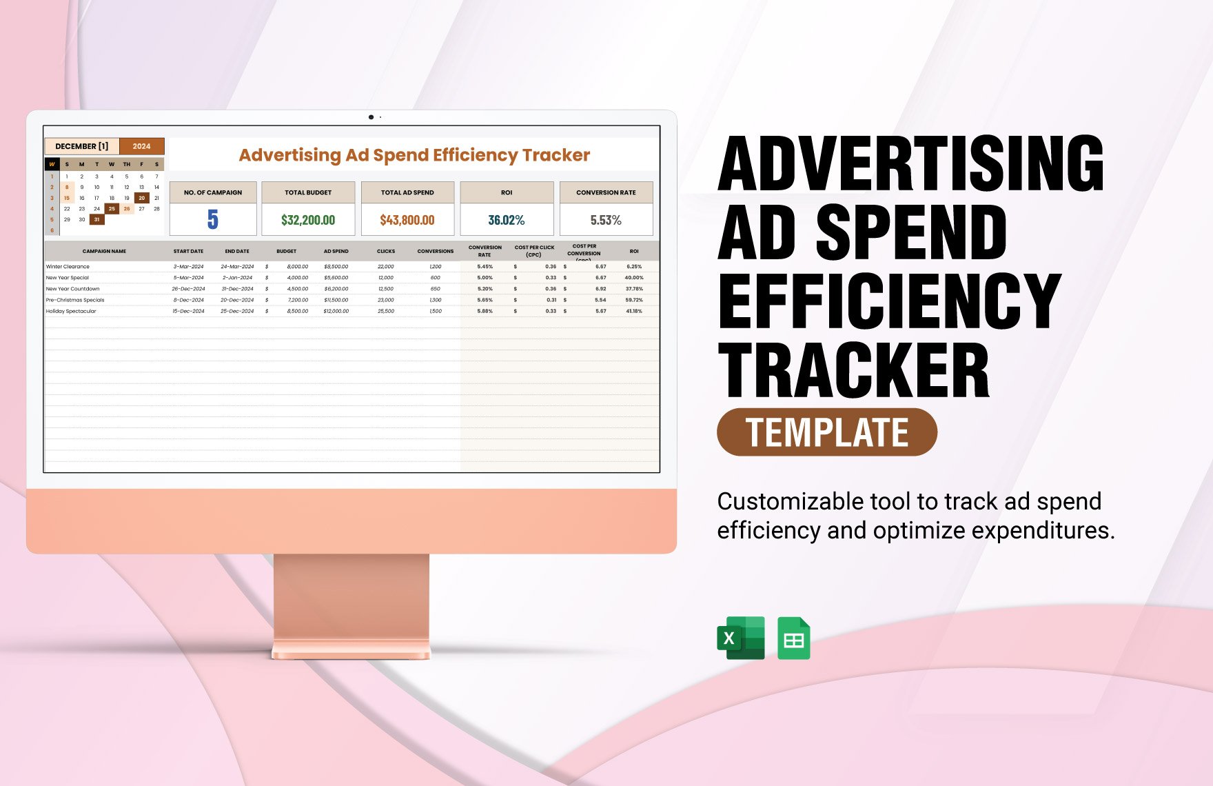 Advertising Ad Spend Efficiency Tracker Template in Excel, Google Sheets