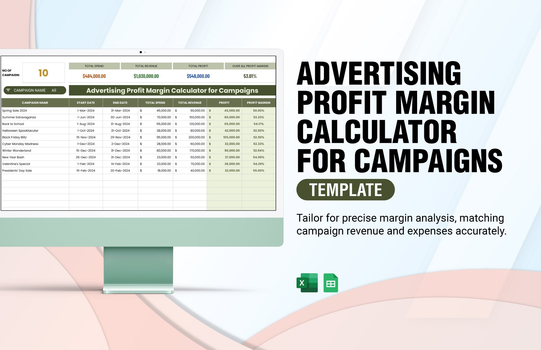 Advertising Profit Margin Calculator for Campaigns Template in Excel, Google Sheets